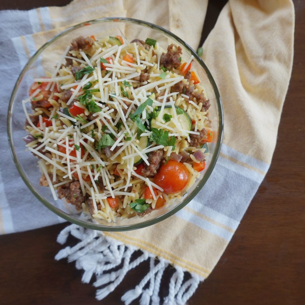 Veggie Loaded Orzo with Ground Turkey | Recipe by Dara Boxer @ Dara Boxer Culinary Designs