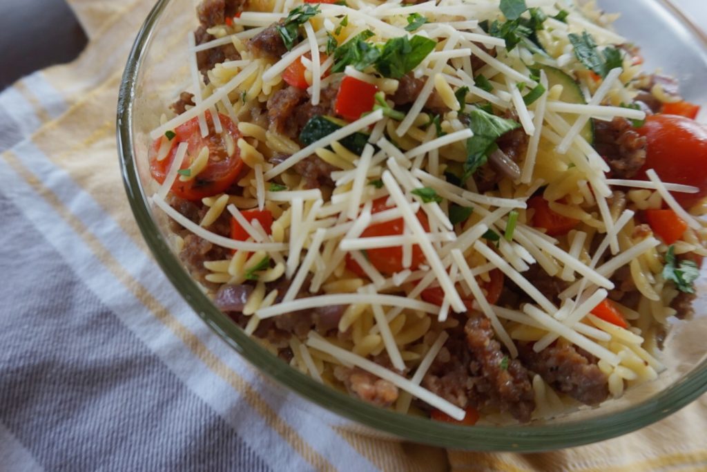 Veggie Loaded Orzo with Ground Turkey | Recipe by Dara Boxer @ Dara Boxer Culinary Designs